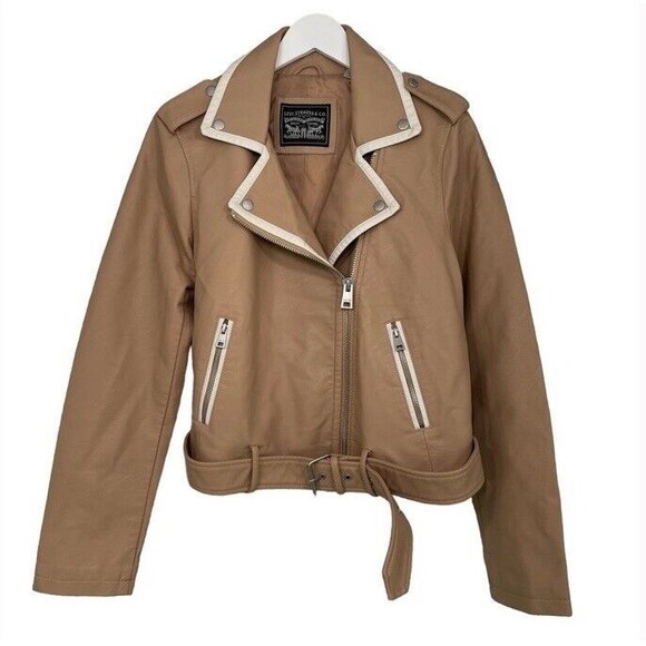 Levi’s Faux Leather Belted Motorcycle Biker Chic Rock Jacket Biscotti Medium NEW - Picture 2 of 16